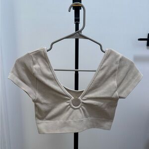 Beige Ribbed V-Neck Crop Top